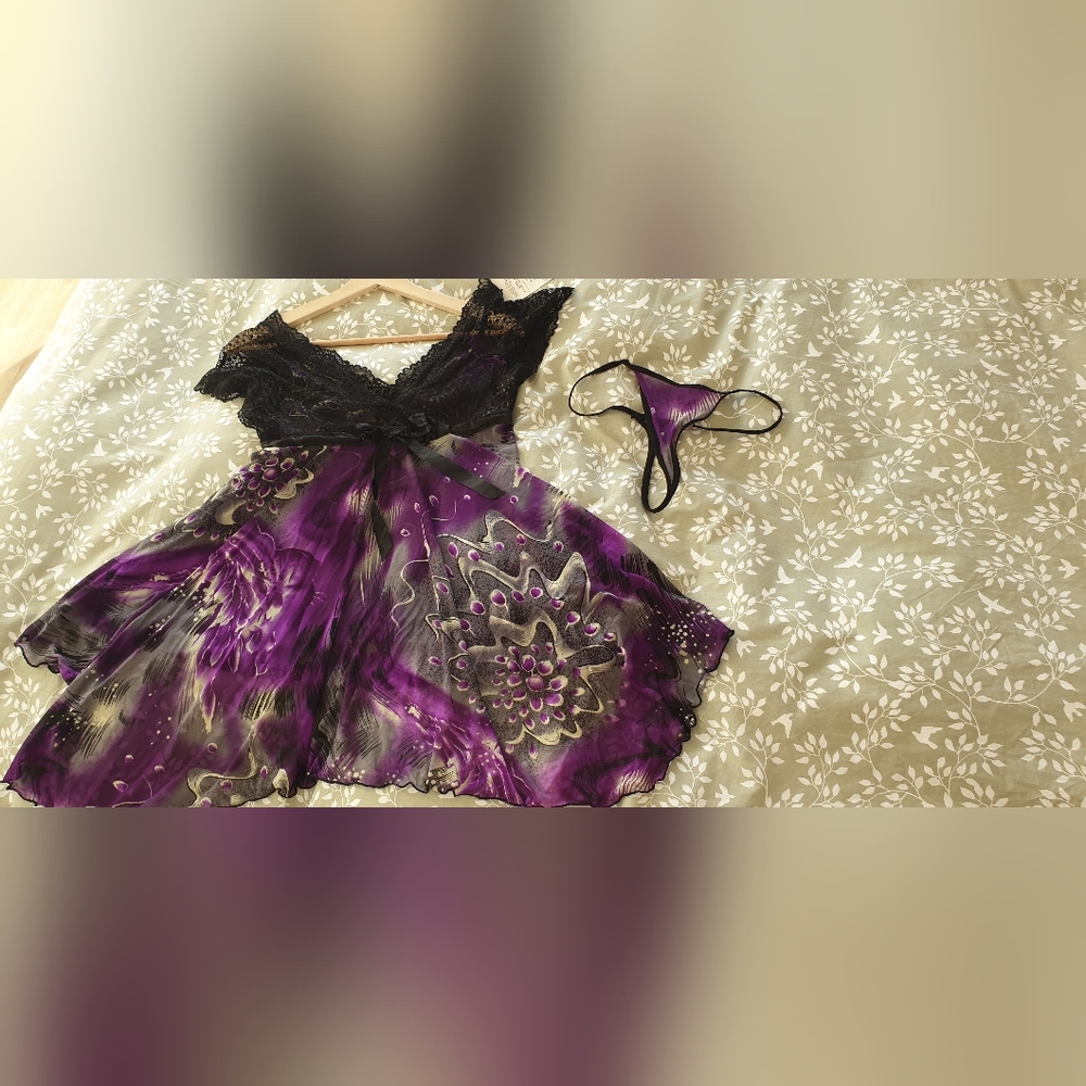 Purple and Black Floral Lingerie Set